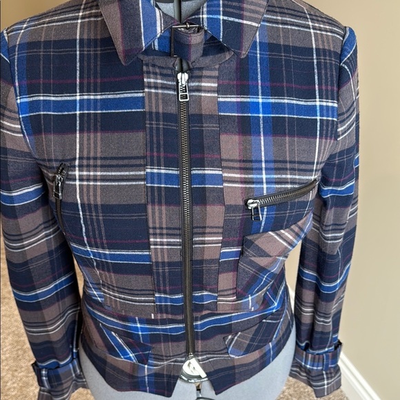 Le Chateau Blue and Brown Blazer with Plaid Pattern Tartan Biker Rocker - Picture 6 of 16